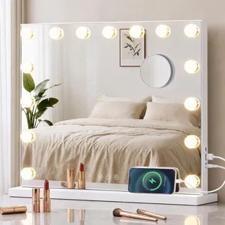 SONGMICS Hollywood Schminkspiegel mit Beleuchtung, 15 LEDs, Dimmbar – Größe 48L x 58B cm