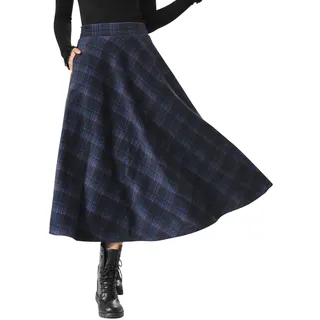 StarTreene Wollrock Lang Damen Winter Plaid Midi Rock Vintage Hohe Taille Kariert Faltenrock Warm A Linie mit Taschen - EU 38 = Etikett M