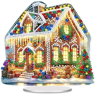 CXINLky DIY Diamond Art Christmas Tisch Deko, 5D Diamant Painting Schneemann Tischdeko, Diamant Malerei Stehend Kunst Set, Ornamente Geschenke für Zuhause Dekoration-06-Lebkuchenhaus
