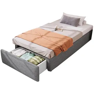 SOFTWEARY Futonbett mit Bettkasten, Lattenrost und Schubladen (90x200 cm), Bezug aus Leinen grau 92 cm x 203 cm x 31 cm