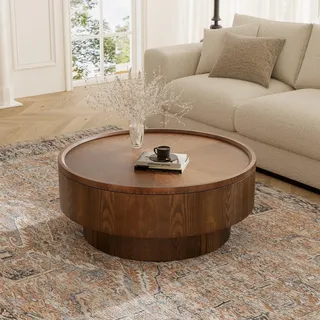 FeiZhiYanS Moderner runder Couchtisch mit abnehmbarem Deckel | Minimalistisches Mid-Century-Design, Aus Holz, Ideal für Wohnzimmer, Ideal für kleine Wohnungen