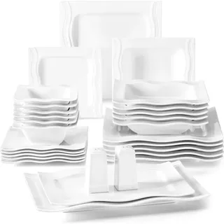 MALACASA, Serie Mario, Cremeweiß Porzellan Tafelservice 28 Tlg. Set Geschirrset Kombiservice mit Dessertteller, Speiseteller, Suppenteller, Müsli... - Weiß