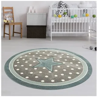 TeppichHome24 Kinderteppich Kinderteppich rund Stern in Türkis Grau Weiss, Rund, Höhe: 13 mm grau 160 cm x 160 cm x 13 mm