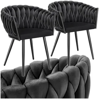 tectake® Samt Stuhl, Schalenstuhl mit Armlehne in Knoten Optik, Esszimmerstühle, Sessel modern für Wohnzimmer, Esszimmer, als Küchenstühle, für Schminktisch, Dining Chair Set - schwarz, 2er Set