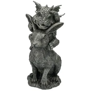 Figuren Shop GmbH Gartenfigur Garten Figur - Drachen Baby reitet auf Hase - Fantasy Gartenfigur grau