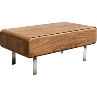 DELIFE Wohnzimmertisch Anaya Akazie Natur 100x50 cm 2 Schubladen L-Fuß Edelstahl Couchtisch