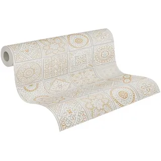 A.S. Création Vliestapete Terra Tapete Vintage Fliesen, strukturiert, matt, gemustert, neutral, (1 St), Fliesen-Tapete Fliesenoptik Patchwork strukturiert Glitzer Tapeten goldfarben|grau