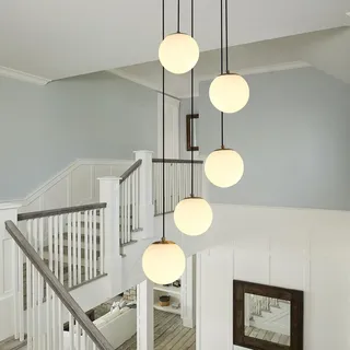 LYSDjia Cluster Globe Glas Kronleuchter 5-flammig gebürstetes Gold Mid Century Pendelleuchten mit milchweißem Glas Multi Cluster Hängelampe for Treppen höhenverstellbare Insel Deckenleuchte
