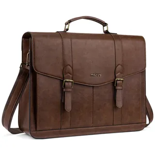 MOSISO Laptoptasche Herren, 15,6 Zoll PU Leder Aktentasche Arbeitstasche | Vintage Wasserdichte Freizeit Ledertasche Laptop Schultertasche Umhängetasche Herren für Büro Arbeit Reise Business, Braun