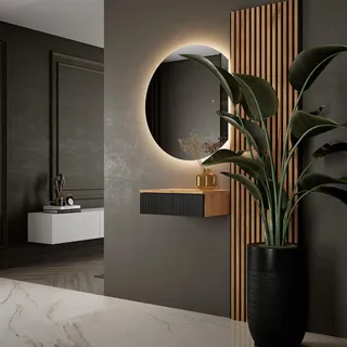 Planetmöbel Flurgarderobe Set Konsolentisch 50 cm inkl. Spiegel mit Beleuchtung Bogenspiegel 80 x 70 cm, 2X Akustikpaneele 120 x 50 cm, Flur Möbel modern, Gold Eiche/schwarz