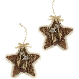 MACOSA GR248-8005_x2 Weihnachtsdeko Stern 2er Set Holz mit Fell 20 cm Naturstern zum hängen Holzstern Dekostern Holz-Dekoration Weihnachten Fenster Tisch-Deko modern