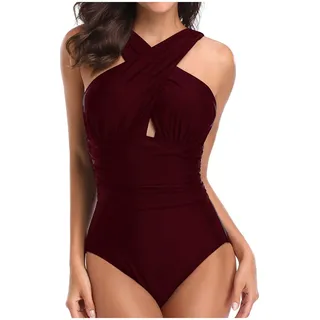 sutelang lurryly Badeanzug Damen Bauchweg, Shape Badeanzug Damen Push Up, Bauchkontrolle Geraffter Badeanzug Sexy Neckholder V Ausschnitt High Waist Schwimmanzug Einteilige Bademode Swimsuit