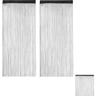 Relaxdays - 2 x Fadenvorhang schwarz, kürzbar, Fadengardine, Tunneldurchzug, für Türen & Fenster, Fransenvorhang, 90x245, black