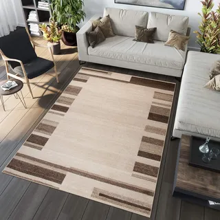 TAPISO Sari Teppich Kurzflor Modern Beige Braun Streifen Gestreift Design Bordüre Meliert Verwischt Wohnzimmer Schlafzimmer ÖKOTEX 160 x 220 cm