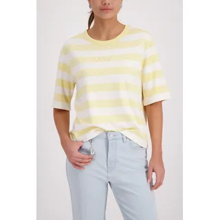 Sweatshirt MONARI "Sweatshirt Basic Ringel", Damen, Gr. 40, gelb (pastgelbger), Sweatware, Obermaterial: 83% Viskose, 14% Polyester, 3% Elasthan, geringelt, regular fit taillenbedeckt, Rundhals, eingesetzt abgesteppte Kante, Sweatshirts Sweatshirt, Regular fit mit Streifen