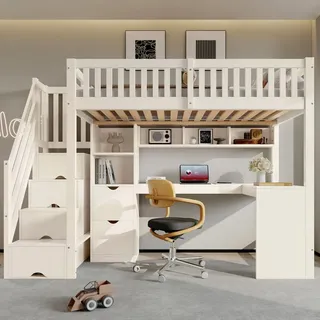 MODFU Hochbett Platzsparendes Schlafbett mit Schreibtisch & Aufbewahrung (Packung, Weiß, mit Matratze, für Jugendzimmer) 90x200 cm, Treppe mit Schrank, sichere Konstruktion weiß