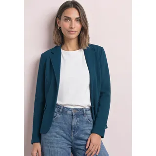 Kurzblazer STREET ONE, Damen, Gr. 38, blau (blau petrol), Stoff, 70% Polyester, 27% Viskose, 3% Elasthan, unifarben, normal normal, V-Ausschnitt, abgesteppt, Blazer Kurzblazer, mit Reverskragen