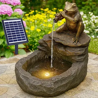 Solar Gartenbrunnen Brunnen Solarbrunnen Zierbrunnen Wasserfall Gartenleuchte Teichpumpe für Terrasse, Balkon, mit Pumpen-instant-Start-Funktion mit Liion-Akku & Led-Licht (DURSTIGER Frosch)