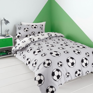 Catherine Lansfield Wende-Bettwäsche-Set für Einzelbett, mit Kissenbezug, Fleece, Fußball-Design, Grau