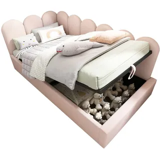 OKWISH Tagesbett 90x190 mit hydraulischem Stauraum, Samtbezug, robuster Metall-Lattenrost, L-förmiges Gitterdesign, gepolsterte Rückenlehne, Rosa