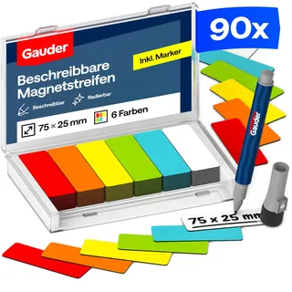 GAUDER Magnetstreifen beschreibbar, Magnetschilder Kanban (90 Stk, 75x25mm) | Magnetschilder zum Beschriften, beschreibbare Magnete zum Beschriften, Magnetetiketten für Kanban Board, mit Marker