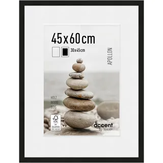 accent by nielsen Bilderrahmen mit Passepartout, 45 x 60 cm, Holz, Schwarz, Posterrahmen zum Aufhängen im Hoch- & Querformat, Echtglas, Apollon