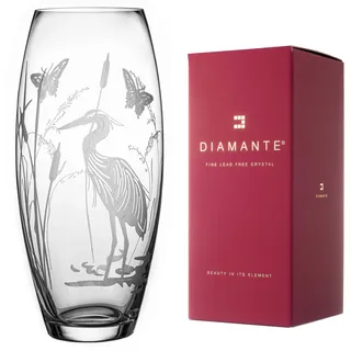 DIAMANTE Kristallvase in Fassform "Reiher", geätzter Vogel, Dekoration, Wildtiere, botanische Blume, große Vase, 30 cm, in Geschenkbox