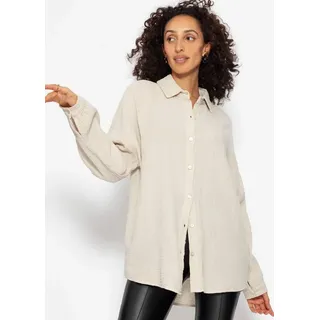 SASSYCLASSY Langarmbluse Oversize Musselin Bluse Damen kurz Langarm Elegant Hemdbluse lang aus Baumwolle mit V-Ausschnitt, One Size (Gr. 36-48) beige L/XL (40/42)
