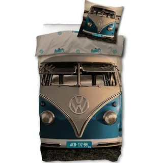 SkyBrands Bettwäsche VW Bulli T1 Samba Blau, Renforcé, 2 teilig, Auto, Bulli, Strand blau