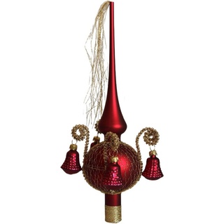 Lauschaer Glas Christbaumspitze Weihnachtsbaumspitze mit Formglöckchen, umsponnen mit Leonischem Draht, mundgeblasen, handdekoriert, handbemalt, in Lauscha hergestellt rot