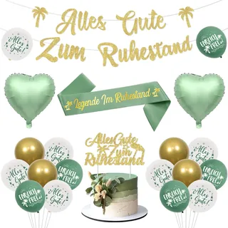 Jollyboom Rente Deko, Alles Gute Zum Ruhestand Girlande Banner Luftballons Tortendeko Legende I'm Ruhestand Schärpe Salbei Grün Gold Endlich Frei Ballon für Frauen Männer Abschiedsfeier Rente Party