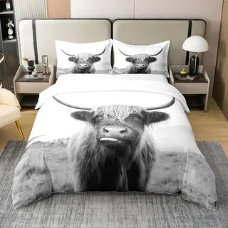 100% Gewaschene Baumwolle Highland Kuh Bettbezug für Cowboy Cowgirl,Bauernhof Tier Milch Bettwäsche Set 200x200,Lustige Nette Kuh Tröster Abdeckung,Wildlife Farm Tier Bett Sets mit 2 Kissenbezüge