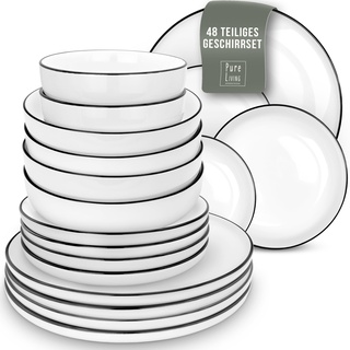 Geschirrset 12 Personen Scandi Style - Premium Porzellan weiß 48 Teile - Geschirr Set für Spülmaschine und Mikrowelle - Tafelservice, Schüssel- und Teller Set - Stilvolles Essgeschirr, Geschirr