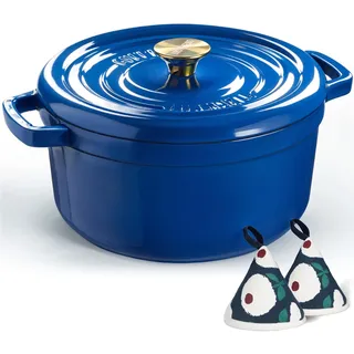 Overmont Bräter Emailliert Gusseisen Topf - Dutch Oven 26cm backofengeeignet mit Deckel und Kochbuch - für Braten Küche Backen Schmoren Königsblau