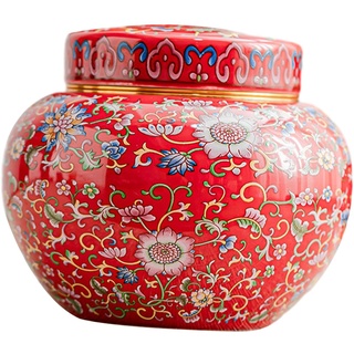 F Fityle Keramik-Ingwerglas-Blumenvase mit Deckel, 800 ml Fassungsvermögen, Ornament, Mehrzweck-Schreibtischvase im chinesischen Stil, Teedose für Esszimmer, Rot