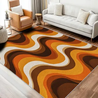 Generisch Teppich Retro 70er, 100x150, Wohnzimmer Schlafzimmer, Mid Century Modern Motiv Design Zimmer Deko, Waschbar, rutschfest, Kurzflor, Weich A4727