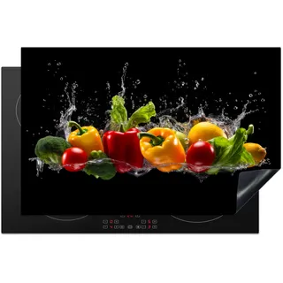 KitchenYeah© Herdabdeckplatte Einteilig Abdeckplatten Cerankochfeld Abdeckung Ceranfeld Herdplattenabdeckung Induktionsmatte Paprika - Wasser - Gemüse - Schwarz - 81x52 cm