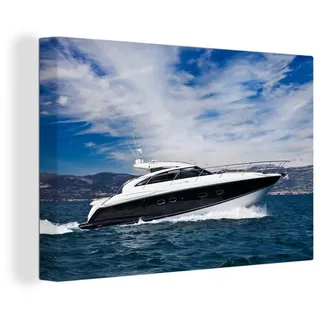 OneMillionCanvasses® Leinwandbild Schnellboot auf dem Meer, (1 St), Wandbild für alle Wohnbereiche, Gemälde, XXL, großes, 120x80 cm bunt 120 cm x 80 cm x 2 cm