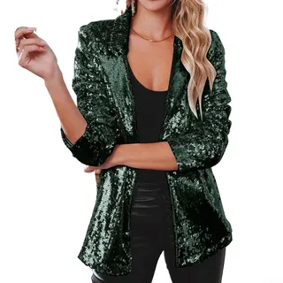 Damen Glänzende Pailletten Blazer Casual Party Jacke für Herbst Winter Rave Oberbekleidung Langarm Glitzer Mantel mit Revers Silber Gold Burgunderrot Dunkelgrün Rose Rot (L Dunkelgrün)
