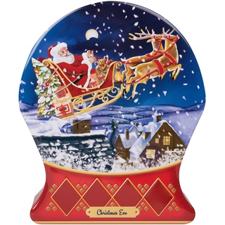 POWERHAUS24 weihnachtliche Blechdose in Form Einer Schneekugel mit Santa, Schlitten & Rentier, Geschenk, Aufbewahrung, Deko, lebensmittelecht, ca. 19 cm x 16 cm, 2 Rezepte inklusive