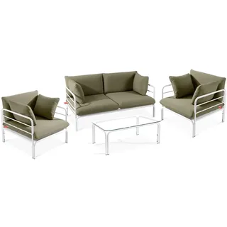 KONSIMO GARTENMÖBELSET 1x Tisch 2x Sessel 1x Sofa 2-Sitzer mit Kissen "RAMBE", Weiß/Cremeweiß, Stahl/Polyester/Schaum/Glas, LOFT-STIL, 2*79x80x8...
