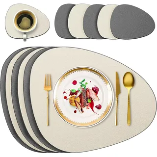 6er Set Tischsets Abwaschbar, Platzset Leder Rund Doppelseitigen rutschfest Platzdeckchen Abwischbar Kunstleder Platzsets (Beige&Grau)