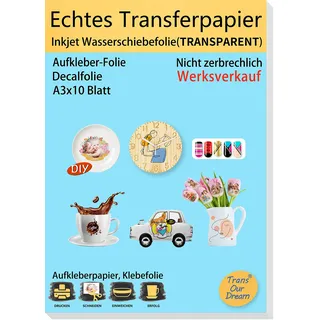 TransOurDream A3X10 Blatt ECHTE Inkjet Wasserschiebefolie(TRANSPARENT) für Tintenstrahldrucker,Transferfolie,Bedruckbares Aufklebepapier für Tassen,Keramik, Glas,Kerze (06-10)