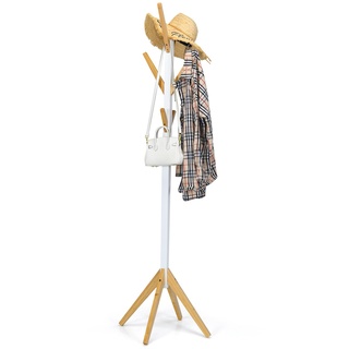 HOMASIS Bambus-Garderobenständer mit 6 Haken, Baum, jeder Kleiderbügel kann 5 kg tragen, Kleiderständer für Kleidung, Jacken, Hüte, Taschen, 55 x 55 x 179 cm, Weiß