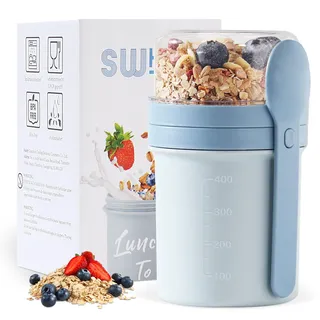 Swkien MüSlibecher to Go, Joghurtbecher to Go 450ml+250ml, Joghurt to Go Becher mit Löffel, Müsli Becher to Go für Müsli & Joghurt, Auslaufsicherer Müsli Cup to Go, Lunchpot(Nordic Blue)