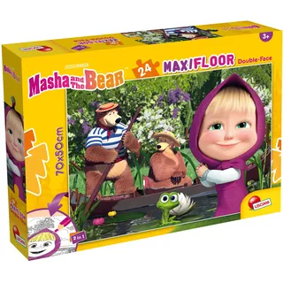Lisciani - Mascha und der Bär - MaxiFloor Puzzle 24 Teile - ab 3 Jahren | Kinderpuzzle Mascha doppelseitig - Schwarz-Weiß-Motiv zum Ausmalen - Puzzeln und Malen kombiniert - Für Zuhause und Kita