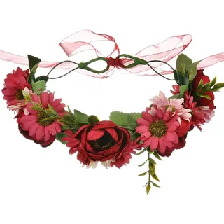 Shiwaki künstliche Blumen Stirnband Haar Rose Kranz Blumengirlande Krone Halo Kopfbedeckung mit Band Hochzeit Festival Party (rot)