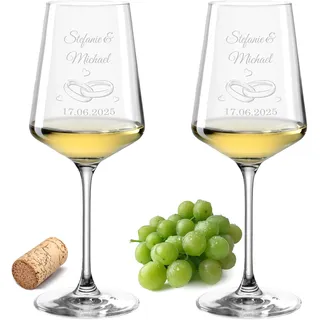 Gravur-Max Weinglas 2er Set 560 ml - Mit Motiv “Eheringe” – Hochzeits-Glas - Leonardo Puccini Glas mit Lasergravur – personalisierte Weingläser mit Namen & Datum – Geschenk für Paare