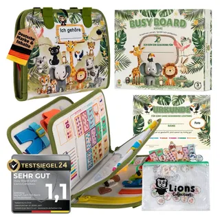 Lions Collection Lernspielzeug Busy Board Deutsch - Montessori Spielzeug - Motorikmappe, Quiet Book grün