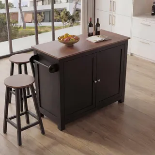 MCW Kücheninsel MCW-P61 mit 2 Sitzhockern, Staufächer MDF 90x120x45cm schwarz, dunkles Holz
